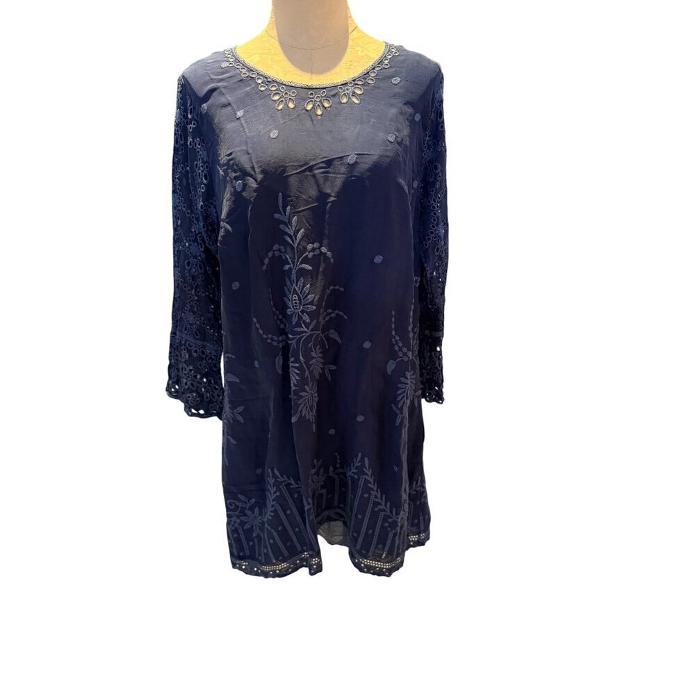 Johnny Was Womens Size M Blue Eyelet Lace Embroidered Scoop Neck Connor Dress